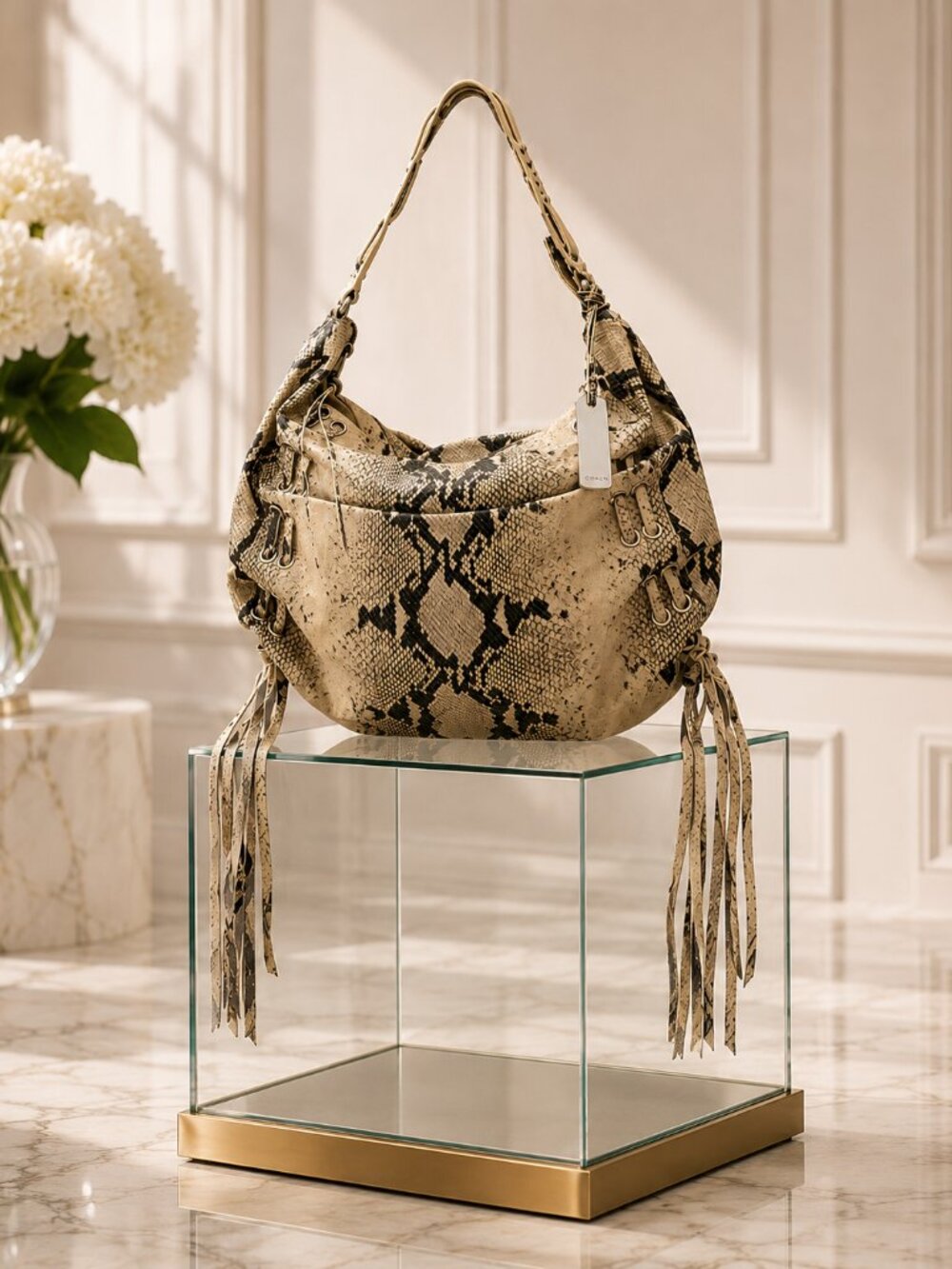 Botkier Python Embossed Leather Hobo Bag Ecru Black Silver Grommet Tassel